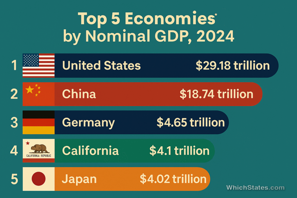 California 4th Largest Economy β Infographic showing the top 5 economies in 2024 by nominal GDP: United States, China, Germany, California, and Japan. California 4th Largest Economy - Infographic showing the top 5 economies in 2024 by nominal GDP: United States, China, Germany, California, and Japan.