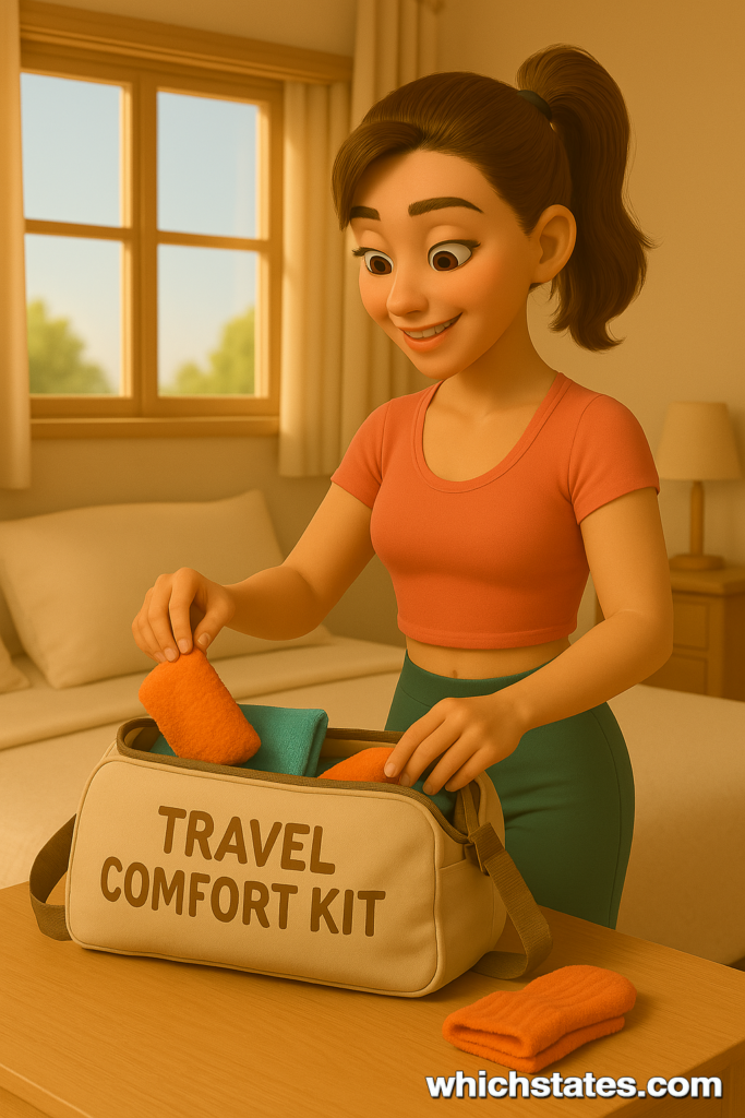 June packing her Travel Comfort Kit at home. June stands in her bedroom, smiling as she packs items into a bag labeled “Travel Comfort Kit” on her bed near a window.