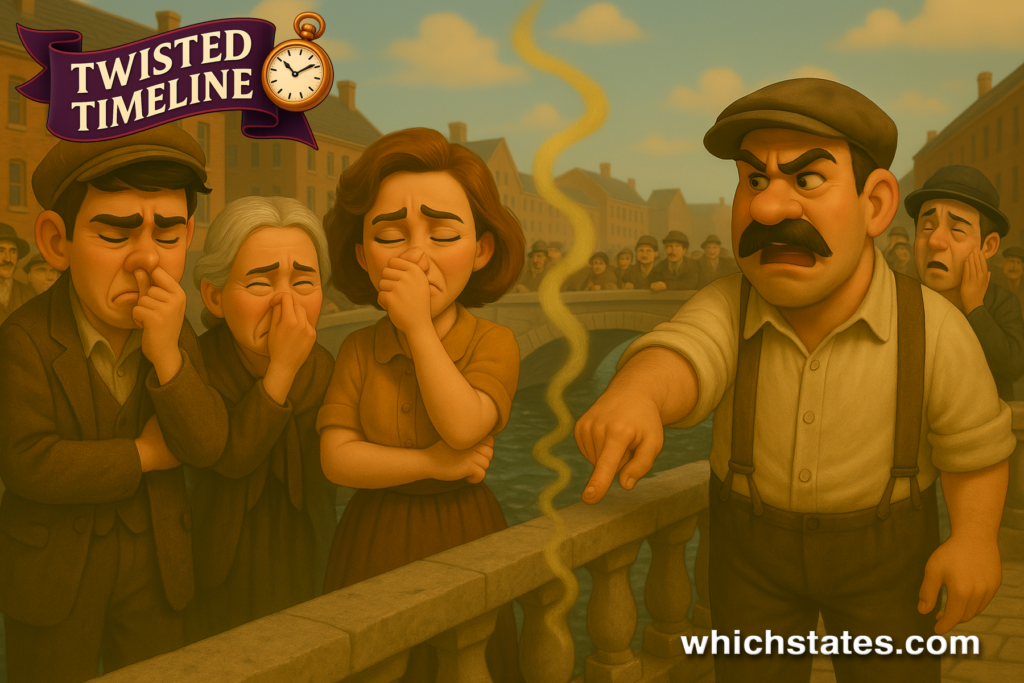 Chicago residents react to the stench of the polluted river before it was reversed. A group of early 1900s townspeople standing on a bridge over the Chicago River, holding their noses and grimacing at the foul smell rising from the contaminated water below.