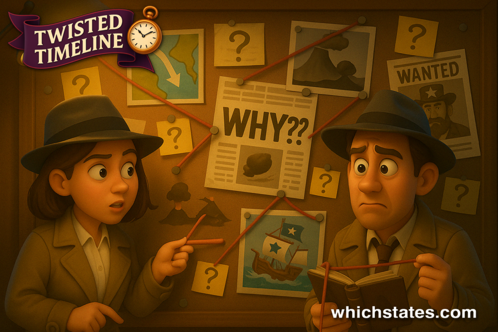 Twisted Timeline: Ellis and June Conspiracy Board Ellis and June investigate a conspiracy board filled with red string, maps, question marks, and a “WHY??” newspaper headline.