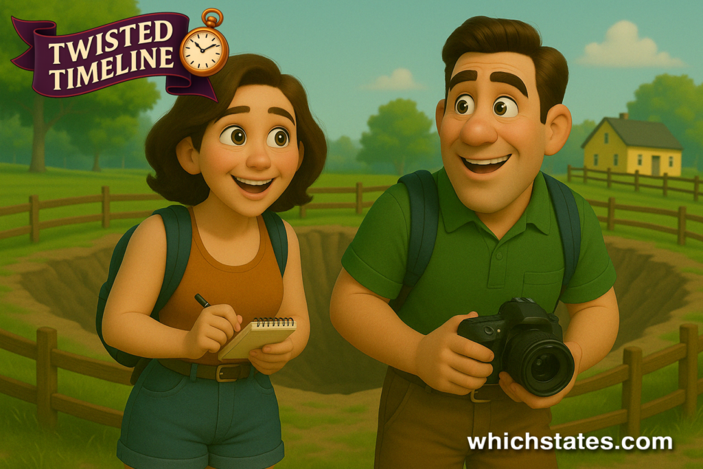 Ellis and June, smiling and fascinated, visit the grassy crater site in South Carolina as modern-day tourists with a camera and notebook.