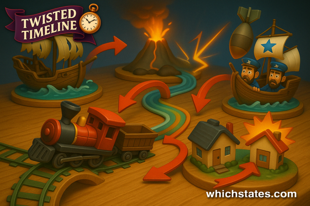 Twisted Timeline: History Off the Rails A 3D toy train jumps the tracks into chaotic dioramas of historical disasters, including ships, a volcano, and a bomb hitting a house.