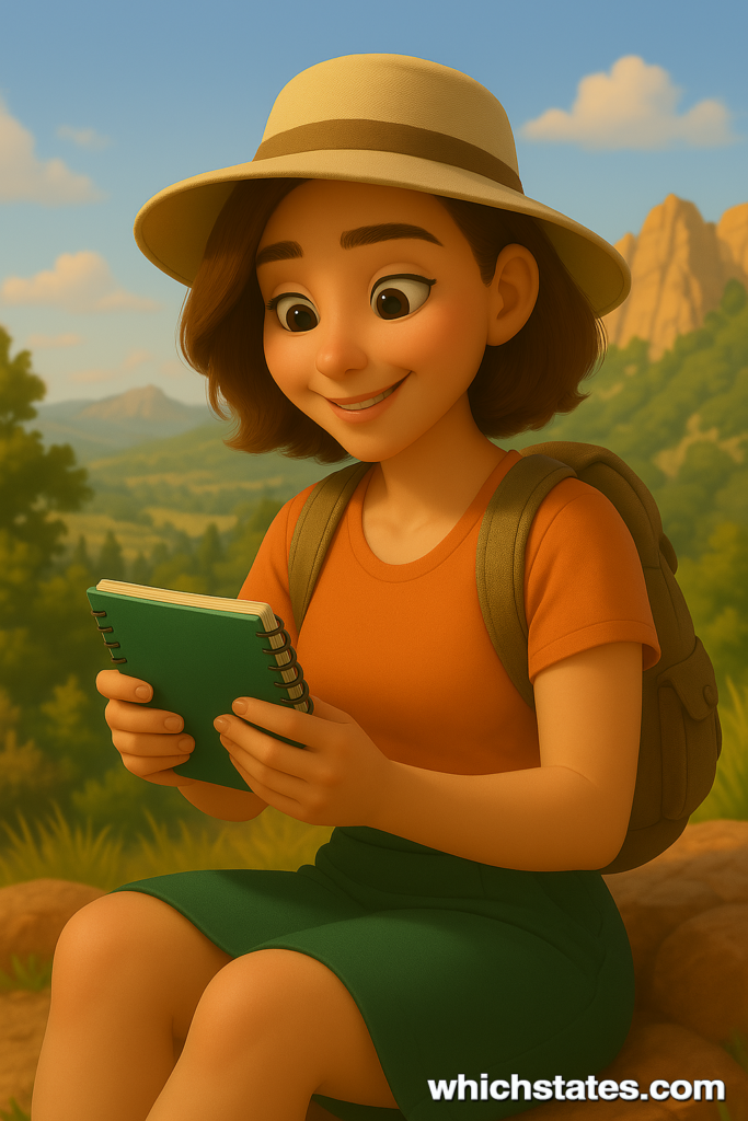 Viewing California Travel Gear – June’s Journal Moment June sits outdoors in California, thoughtfully holding a travel item from her gear kit, surrounded by natural beauty.