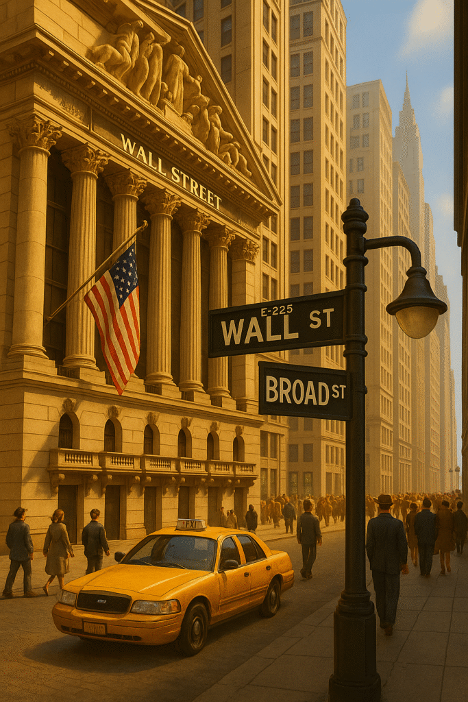 Wall Street scene in New York City – New York Facts Wall Street in New York City featuring iconic buildings and an American flag — part of a post about New York Facts.