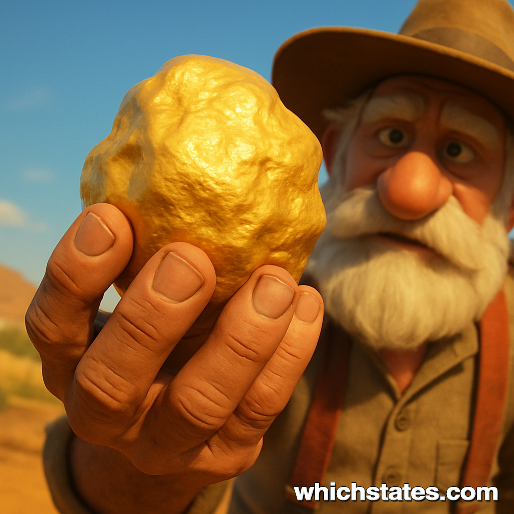 California’s nickname — Gold Rush origins shown through a prospector and gold nugget. California’s nickname - An old prospector holds a large gold nugget in his hand, symbolizing the Gold Rush origins of The Golden State.