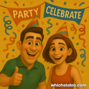 Ellis and June enjoy a joyful celebration of America’s Global Holidays with decorations and smiles all around. Ellis and June celebrating America’s Global Holidays at a festive party with colorful pennants, streamers, and confetti in the air.
