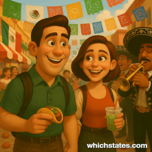 Ellis and June celebrate Cinco de Mayo USA with joy and cultural respect. Ellis and June joining a vibrant Cinco de Mayo USA celebration, surrounded by music, food, and festive decorations.