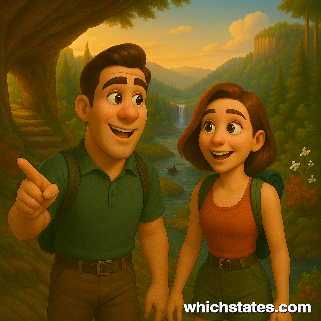 Ellis and June on an adventure at Mammoth Cave National Park during golden hour. Ellis and June exploring Mammoth Cave National Park at sunset, surrounded by forest, river, and distant waterfall.
