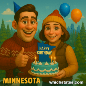 Ellis and June celebrate the Minnesota State Birthday with wintry cheer and northern charm. Ellis and June smile in front of a festive Minnesota State Birthday cake, surrounded by snowy pine trees, colorful balloons, and a wintry northern backdrop.