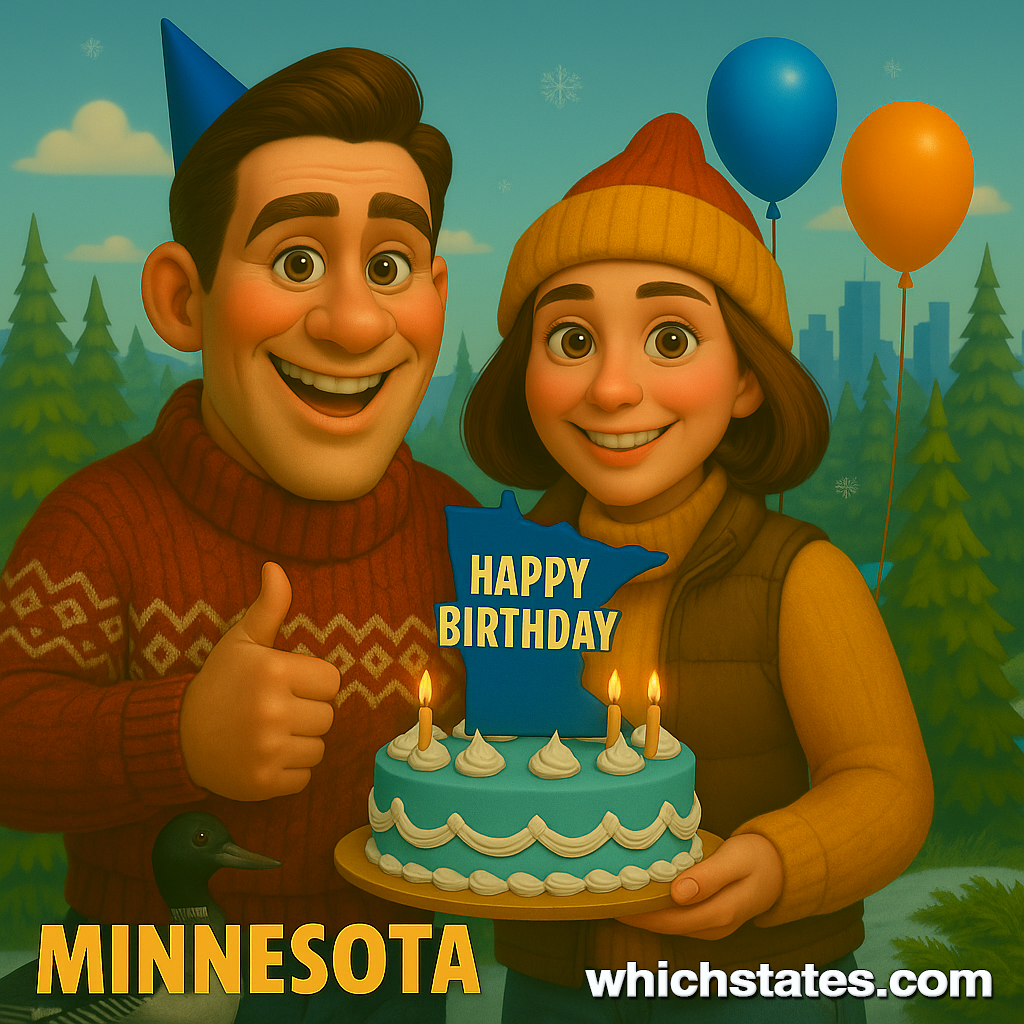 Ellis and June celebrate the Minnesota State Birthday with wintry cheer and northern charm. Ellis and June smile in front of a festive Minnesota State Birthday cake, surrounded by snowy pine trees, colorful balloons, and a wintry northern backdrop.