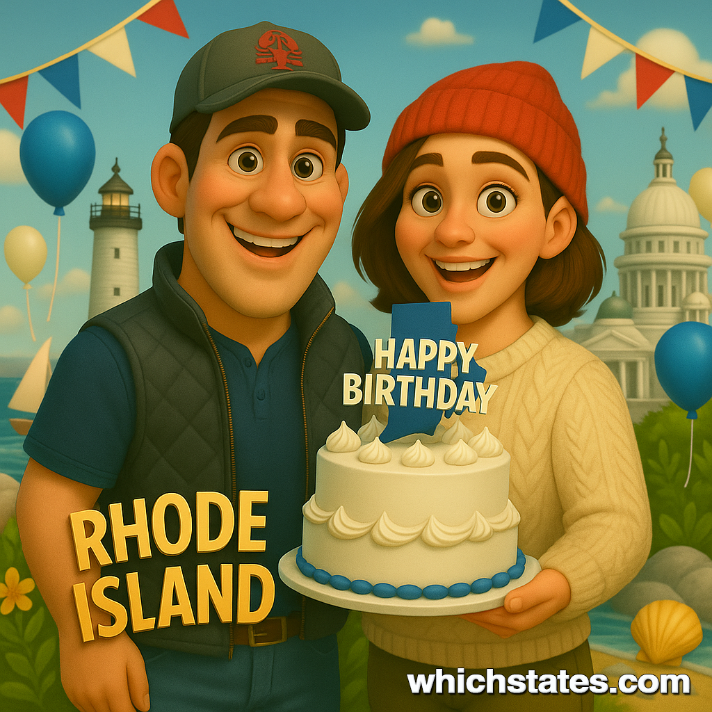 Ellis and June mark the Rhode Island State Birthday with seaside charm and coastal joy. Ellis and June enjoy the Rhode Island State Birthday near a lighthouse-themed cake with ocean views, boats, and festive decorations.