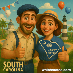 Celebrating the South Carolina State Birthday with Ellis and June in coastal style. Ellis and June stand together under palm trees, smiling in front of a South Carolina State Birthday cake with coastal scenery and a crescent moon flag.