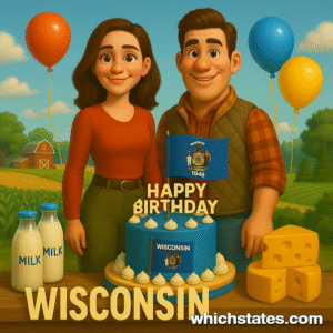 Ellis and June celebrate the Wisconsin State Birthday with farm charm and cheese-filled fun. Ellis and June stand side-by-side in front of a the Wisconsin State Birthday cake, surrounded by balloons, dairy items, and green farmland with red barns.