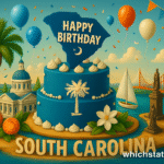 South Carolina of May State Birthdays celebration with palmetto trees, a white cake, Atlantic coast, historic buildings, and fireworks.
