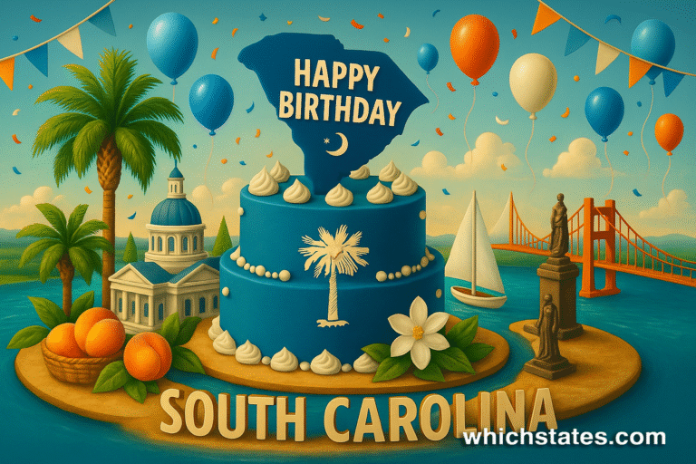 South Carolina of May State Birthdays celebration with palmetto trees, a white cake, Atlantic coast, historic buildings, and fireworks.
