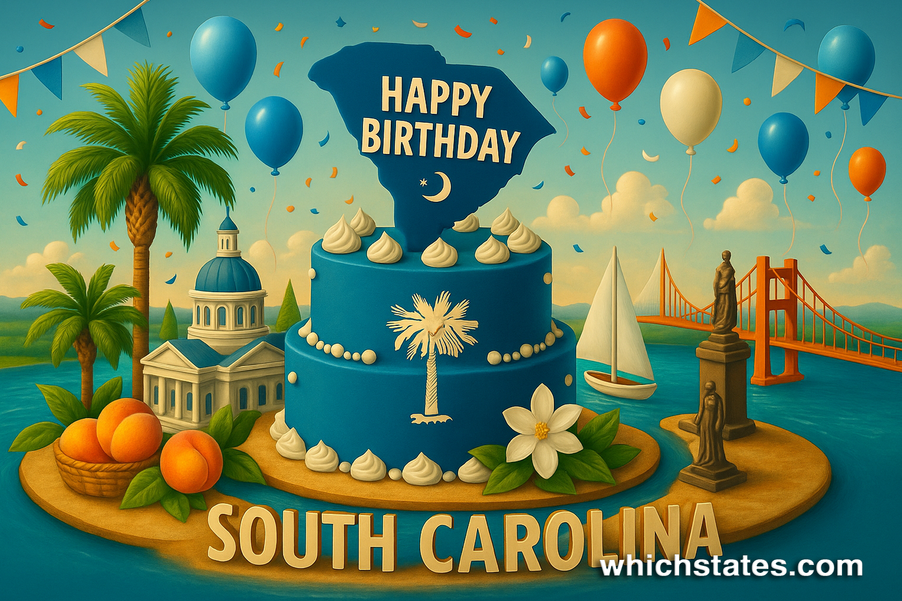 South Carolina of May State Birthdays celebration with palmetto trees, a white cake, Atlantic coast, historic buildings, and fireworks.
