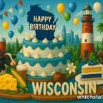 Wisconsin of May State Birthdays, with dairy barns, forests, rivers, a celebration cake, and cheese.