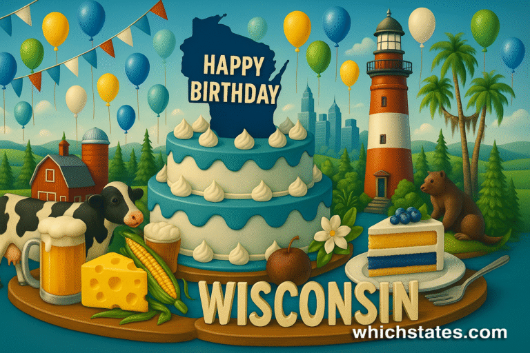 Wisconsin of May State Birthdays, with dairy barns, forests, rivers, a celebration cake, and cheese.