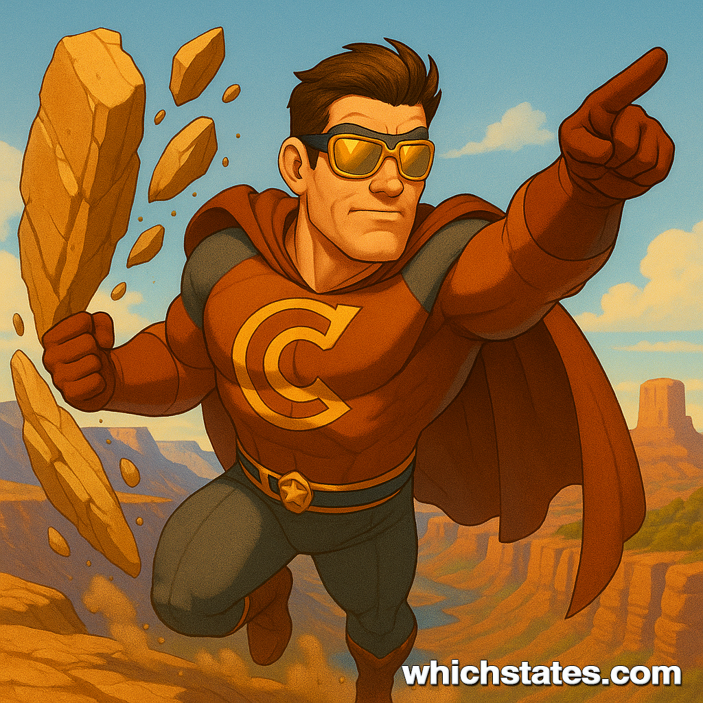 Captain Canyon Arizona Superhero guarding the Grand Canyon with earth-shaping powers. Stylized superhero standing tall above the Grand Canyon. Captain Canyon Arizona Superhero, wearing sandstone armor and sunglasses, with dramatic desert scenery behind him.