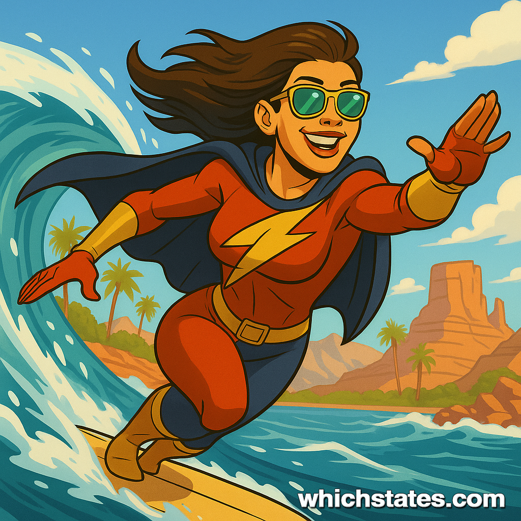 Surge Surfer California Superhero riding a wave in vibrant modern comic art style. Surge Surfer California Superhero, riding a wave in a red and gold costume with sunglasses and ocean spray.
