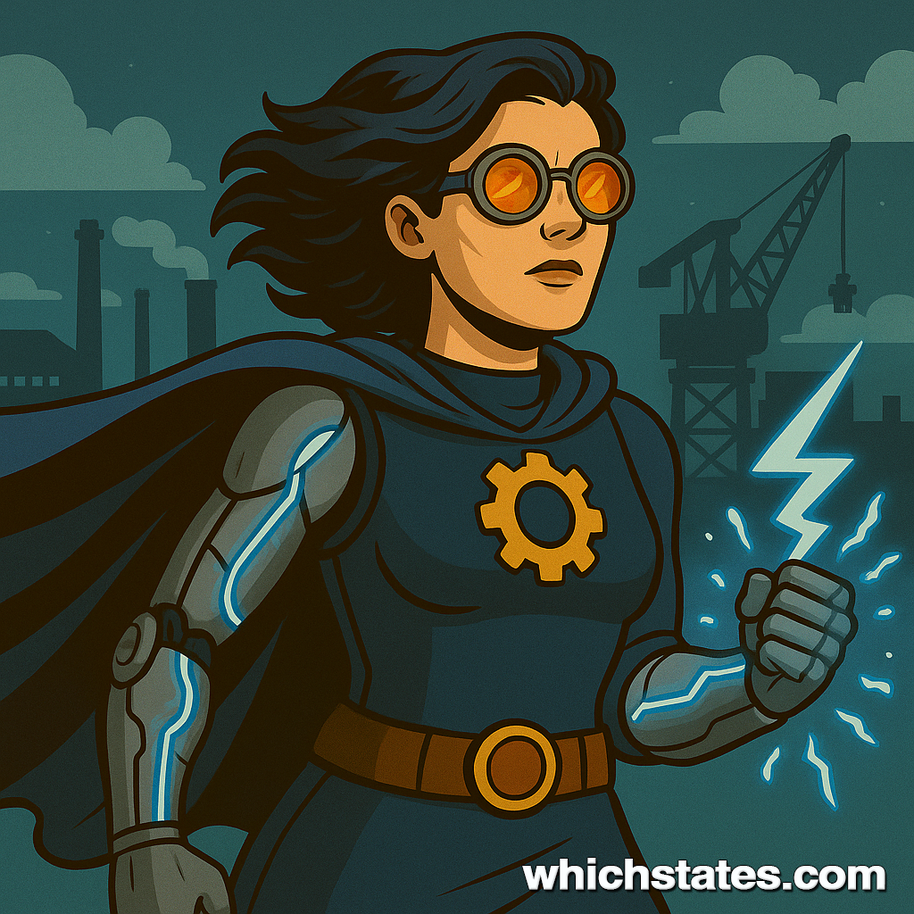 Midnight Mechanic Michigan Superhero charged with electric energy and built from ice and iron. Midnight Mechanic Michigan Superhero with glowing cybernetic arms stands ready against an industrial skyline.