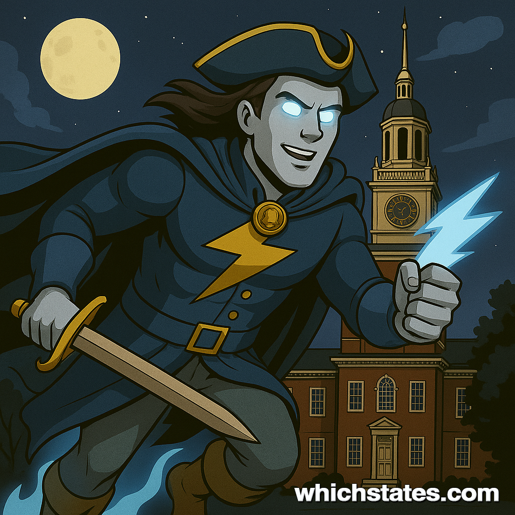 Founding Phantom Pennsylvania Superhero, guardian of liberty and time walker of historic Philadelphia. Founding Phantom Pennsylvania Superhero standing heroically in front of Independence Hall.