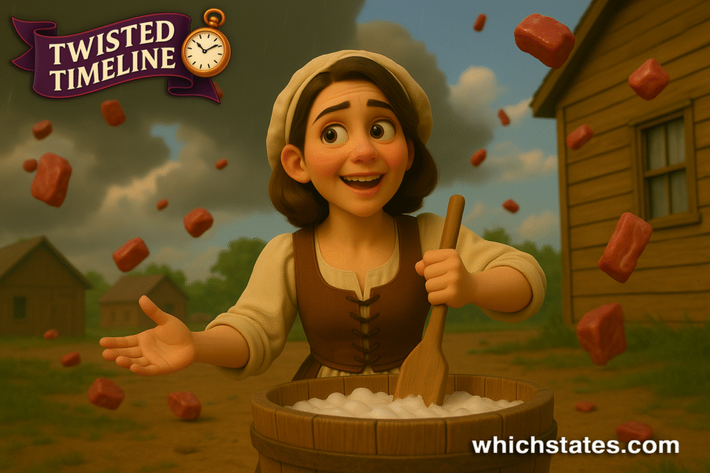 Mrs. Crouch during the 1876 Kentucky Meat Shower, startled as meat falls from the sky while she makes soap. Mrs. Crouch, making soap in her yard as chunks of meat begin to fall from a blue sky with gathering storm clouds — inspired by the 1876 Kentucky Meat Shower.