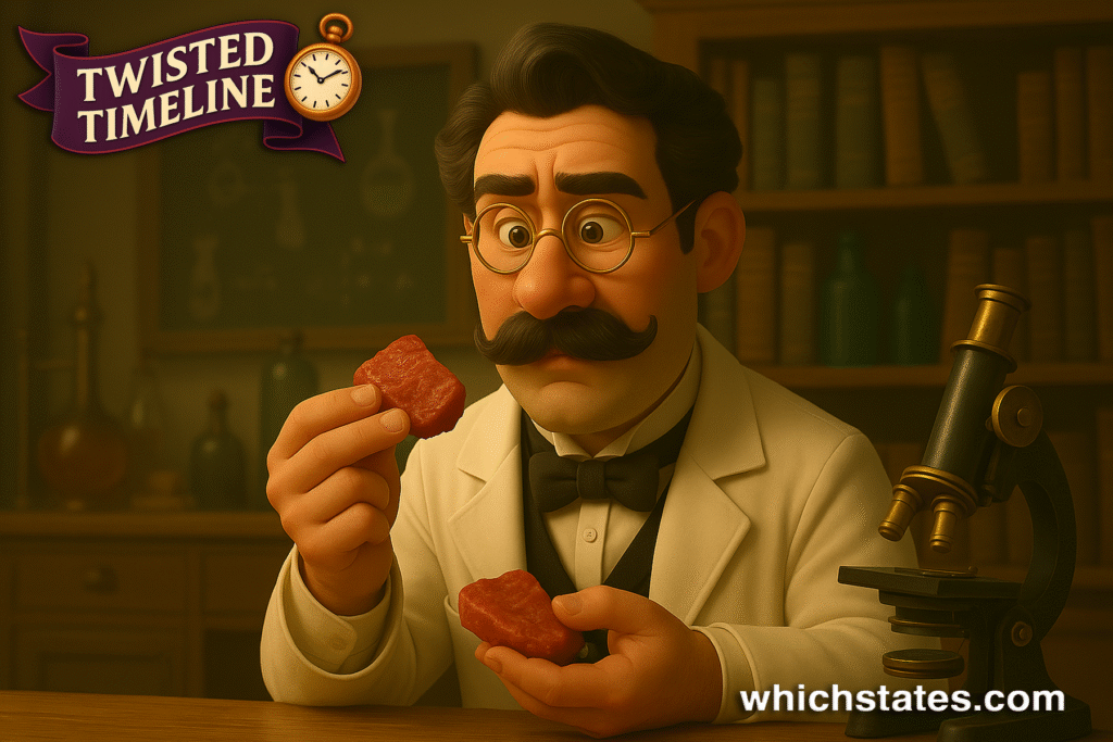 1870s scientist analyzes meat from the Kentucky Meat Shower. Scientist in a vintage 1870s lab inspecting a meat sample during the mysterious Kentucky Meat Shower.