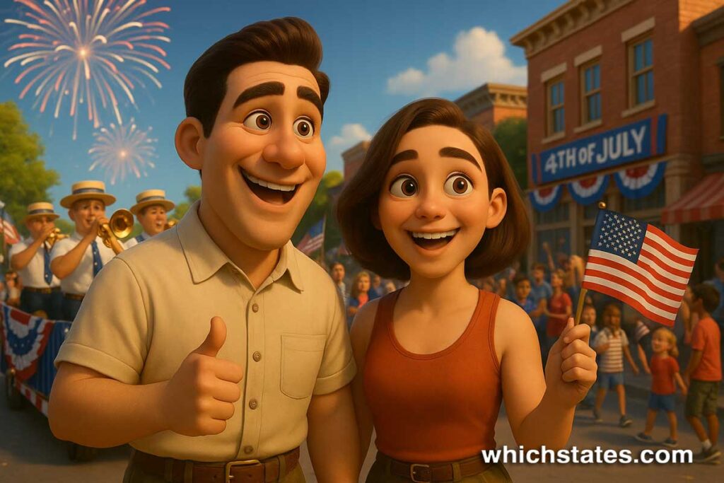 Ellis and June enjoying July Events by State during a patriotic small-town parade filled with summer fun. Ellis and June celebrating July Events by State at a festive Fourth of July parade with fireworks and American flags.